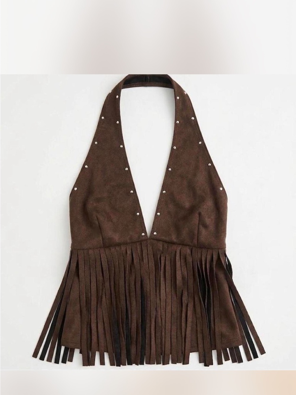 Brown Faux Suede Fringe Halter Top – Studded Western Boho Y2K Top